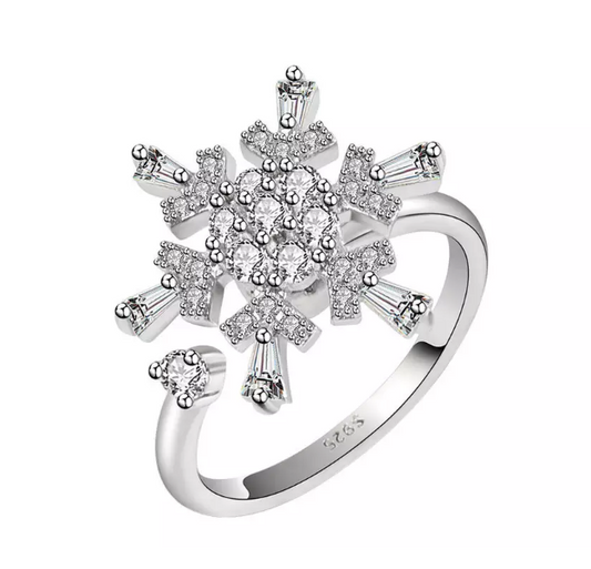 Anillo giratorio con circonitas copo de nieve en plata y oro